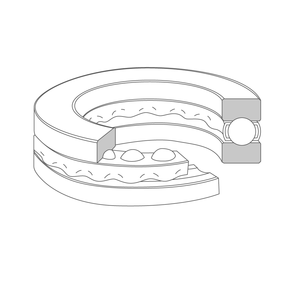 3D model and cross-section of a single-direction thrust ball bearing. The bearing is oriented horizontally, with the outer ring, cage, balls, and inner ring visible.