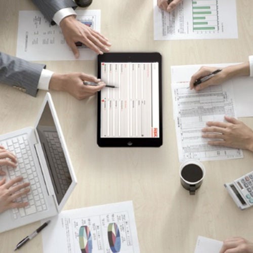 Tablet, hands Business people at meeting table