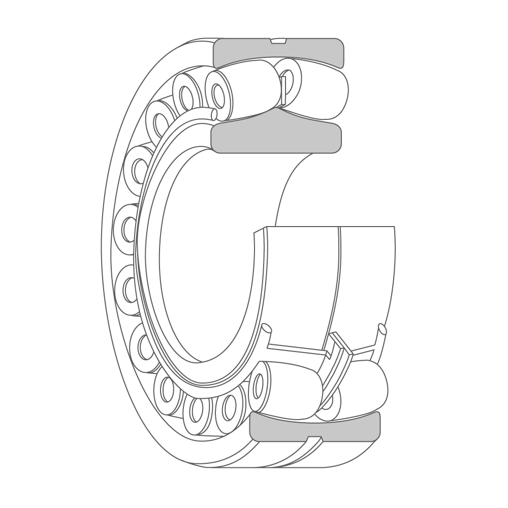 3D model cross-section of a spherical roller bearing with two inner ring raceways, a cage, rollers, and the two-row spherical outer ring raceway visible.