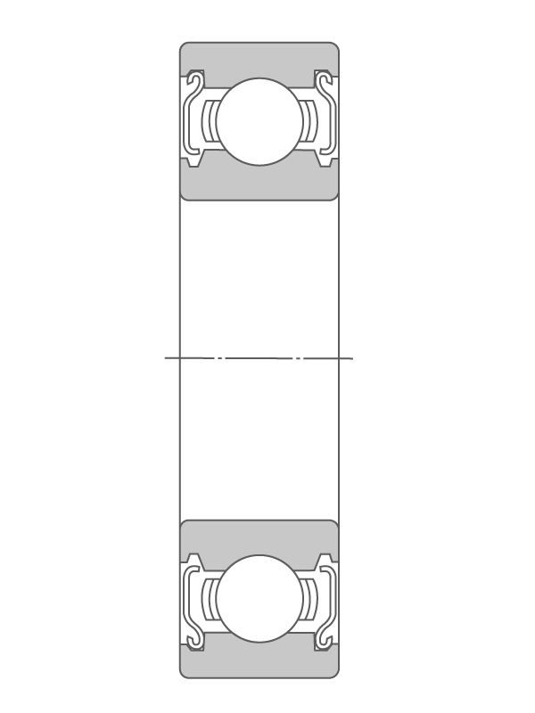 2D cross-section of a non-separable deep groove ball bearing. The whole bearing is treated as a unit and components cannot be separated.